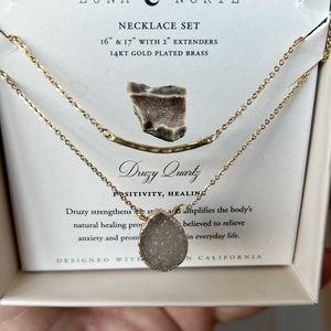 Luna Norte 14k gold plated druzy and bar necklace 16” new in box
